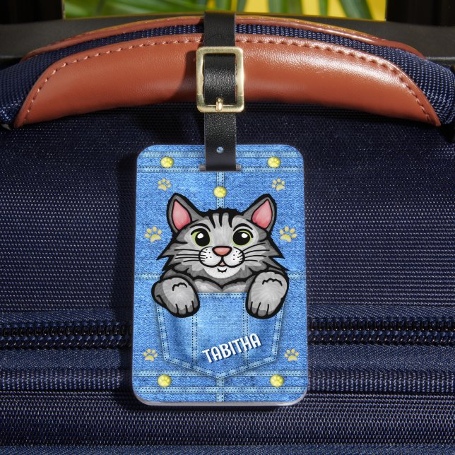 Étiquette À Bagage Chat gris en poche Faux Denim avec nom personnalis (Insitu Rectoal 2)
