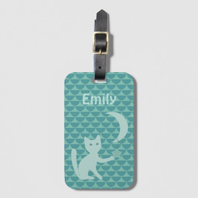 Étiquette À Bagage Chat Jouer avec Lune et Star Turquoise Personnalis (Devant Vertical)