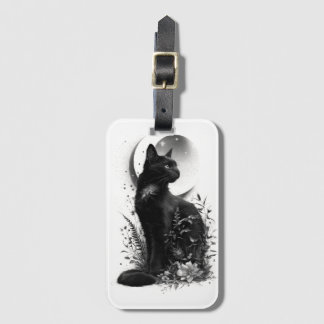 Étiquette À Bagage Chat noir assis parmi le feuillage botanique