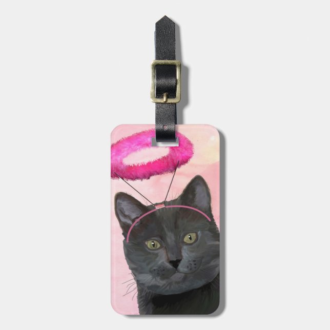 Étiquette À Bagage Chat Noir Avec Halo Angel Rose (Devant Vertical)