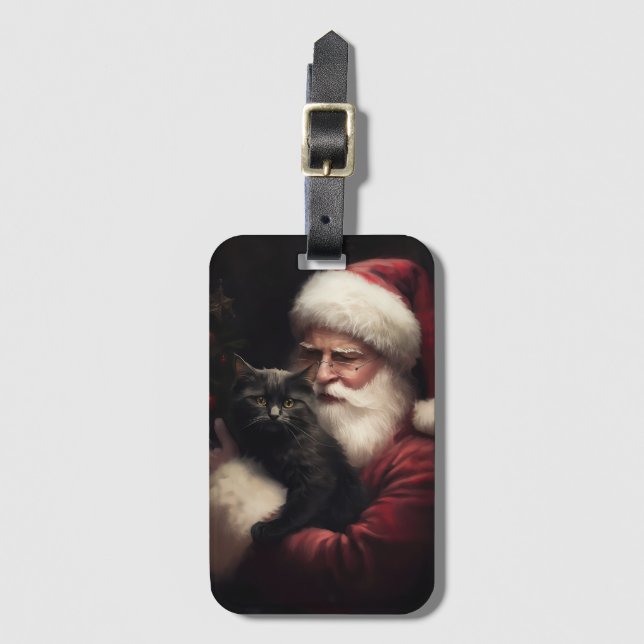 Étiquette À Bagage Chat noir avec Noël Festif du Père Noël (Devant Vertical)