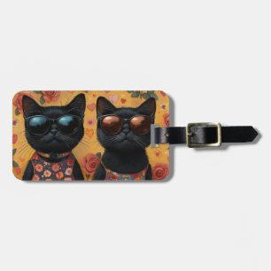 Étiquette À Bagage Chat Noir Avec Roses de Coeur Saint-Valentin 