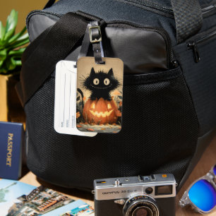 Étiquette À Bagage Chat noir d'Halloween mignonne sur une Jack-o'lant