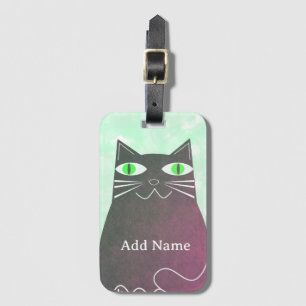 Étiquette À Bagage Chat noir gras aquarelle verte Nom personnalisé