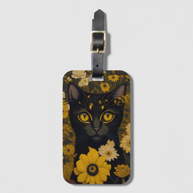 Étiquette À Bagage Chat noir Yellow Eyes Fleurs Vintages #2 (Devant Vertical)