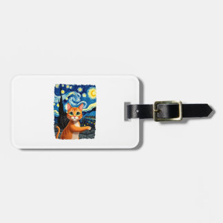 Étiquette À Bagage Chat Orange Selfie  Nuit Étoilée Maman Chat Amoure