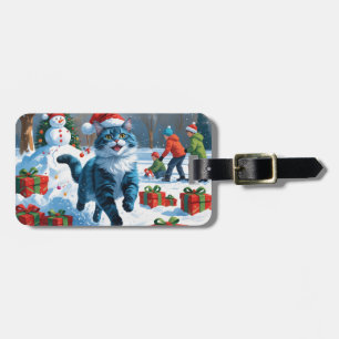 Étiquette À Bagage Chat Oriental Bleu Assis dans un Chapeau de Noël e