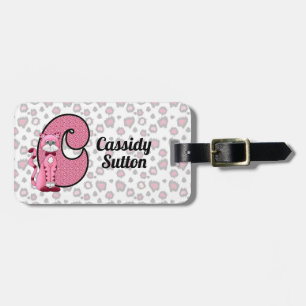 Étiquette À Bagage Chat rose Monogramme C Enfants Voyageur