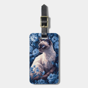 Étiquette À Bagage Chat siamois en Fleurs Bleues