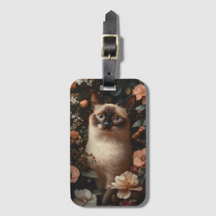 Étiquette À Bagage Chat Siamois Entouré De Fleurs Roses Bruyantes