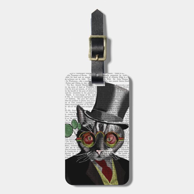 Étiquette À Bagage Chat Steampunk - Chapeau supérieur et verres jaune (Devant Vertical)