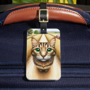 Étiquette À Bagage Chat tigré de campagne avec paysage de ferme rusti