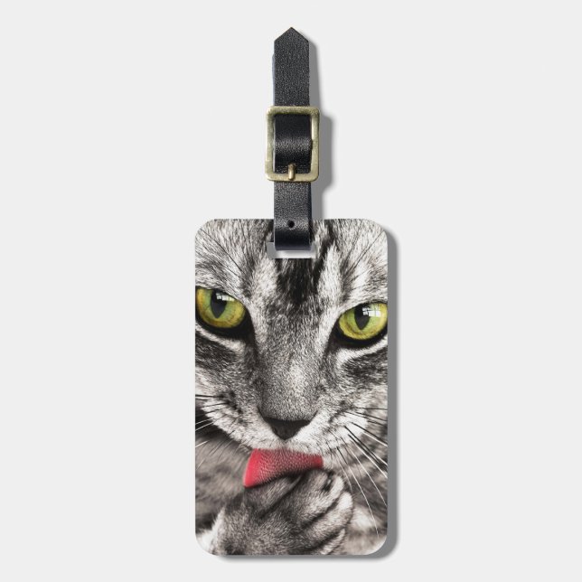 Étiquette À Bagage Chat tigré gris léchant la patte (Devant Vertical)
