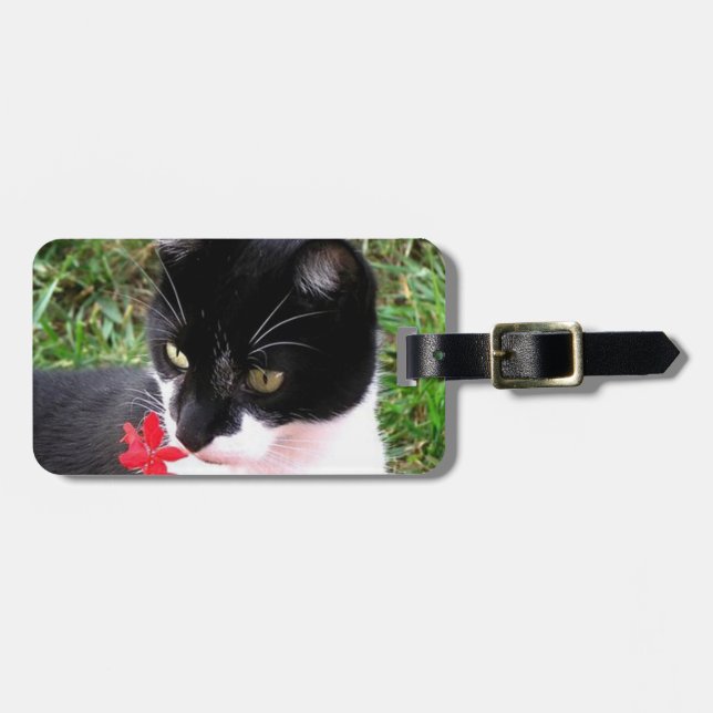 Étiquette À Bagage Chat Tuxedo génial dans le jardin (Devant horizontal)
