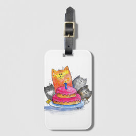 Étiquette À Bagage Chats Whimsical avec gâteau d'anniversaire