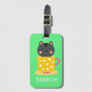 Étiquette À Bagage Chatte mignonne en dessin animé sur la menthe
