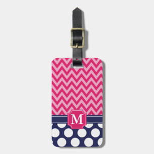 Étiquette À Bagage Chaud rose et Navy Chevron Zigzag Pois Monogramme