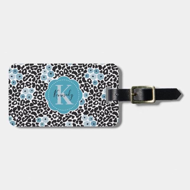 Étiquette À Bagage Cheetah Floral bleu Imprimer avec Monogramme perso (Devant horizontal)
