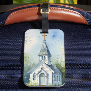 Étiquette À Bagage Chemin rustique d'église dans une prairie de fleur