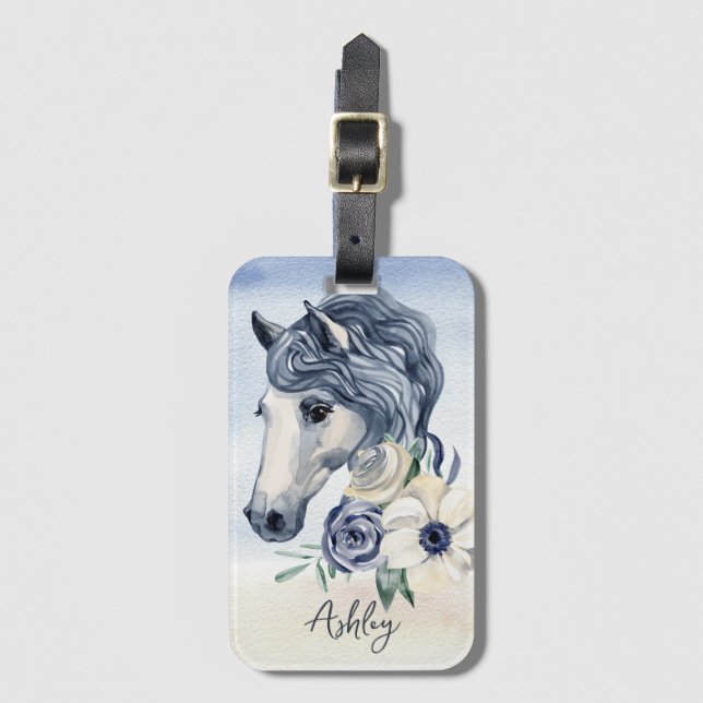 Étiquette À Bagage Cheval bleu gris avec fleurs nom personnalisé (Devant Vertical)