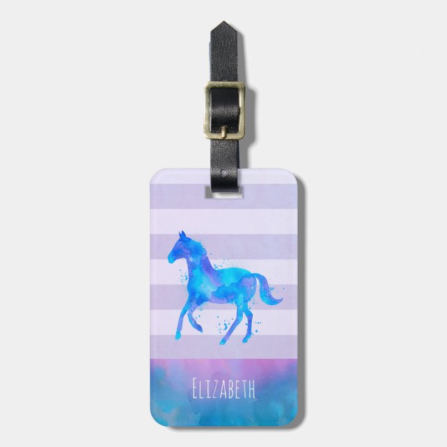 Étiquette À Bagage Cheval sauvage en Aquarelle bleu et violet (Devant Vertical)