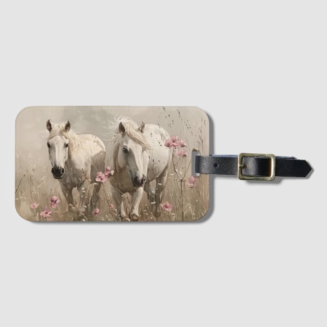 Étiquette À Bagage Chevaux gris Fleurs roses Peinture à l'huile (Devant Horizontal)