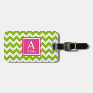 Étiquette À Bagage Chevron d'impression de monogramme rose et vert