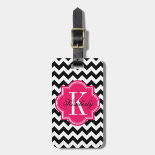 Étiquette À Bagage Chevron noir et blanc avec le monogramme de roses