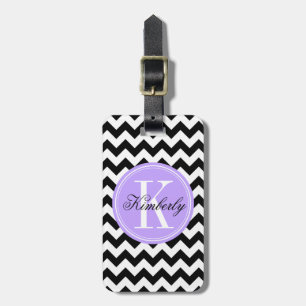 Étiquette À Bagage Chevron noir et blanc avec le monogramme lilas