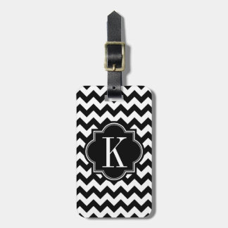 Étiquette À Bagage Chevron noir et blanc avec le monogramme noir
