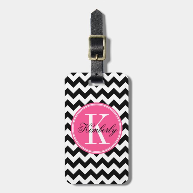 Étiquette À Bagage Chevron noir et blanc avec le monogramme rose (Devant Vertical)