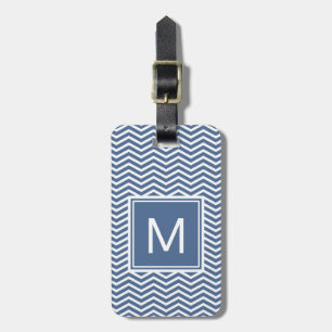 Étiquette À Bagage Chevrons bleus et monogramme de rive moderne