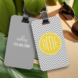 Étiquette À Bagage Chevrons gris et jaune Monogramme personnalisé