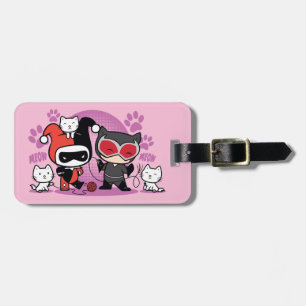 Étiquette À Bagage Chibi Harley Quinn & Chibi Catwoman Avec Chats