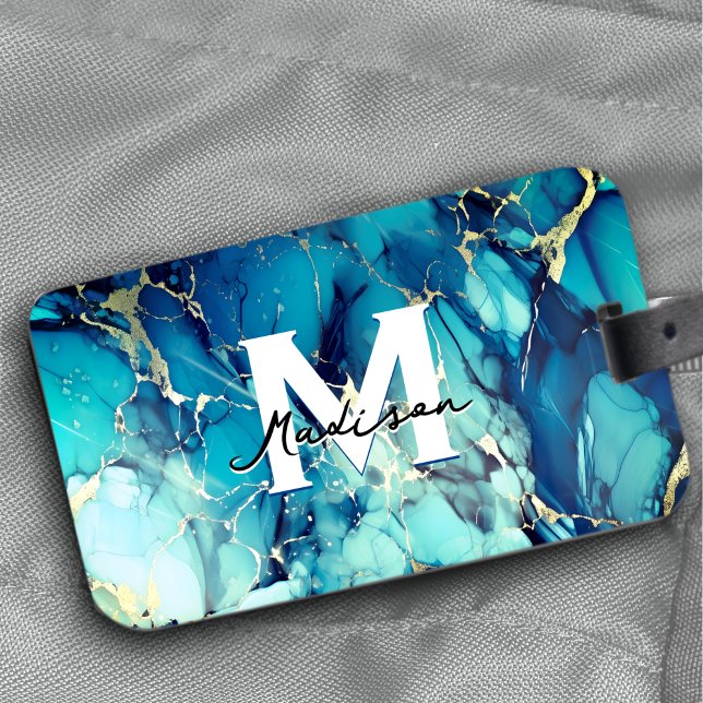 Étiquette À Bagage chic aqua bleu marbre faux or parties scintillant  (Créateur téléchargé)