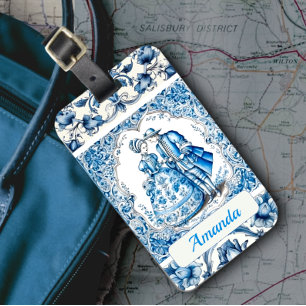 Étiquette À Bagage Chic Bleu cadre blanc toile de jouy monogramme