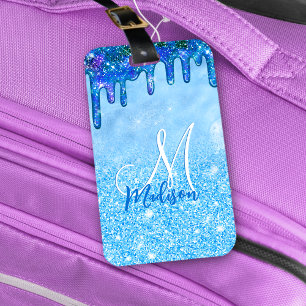 Étiquette À Bagage Chic bleu glace ombre parties scintillant gouttes
