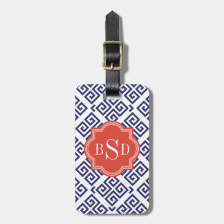 Étiquette À Bagage Chic bleu grec clé motif géométrique monogramme
