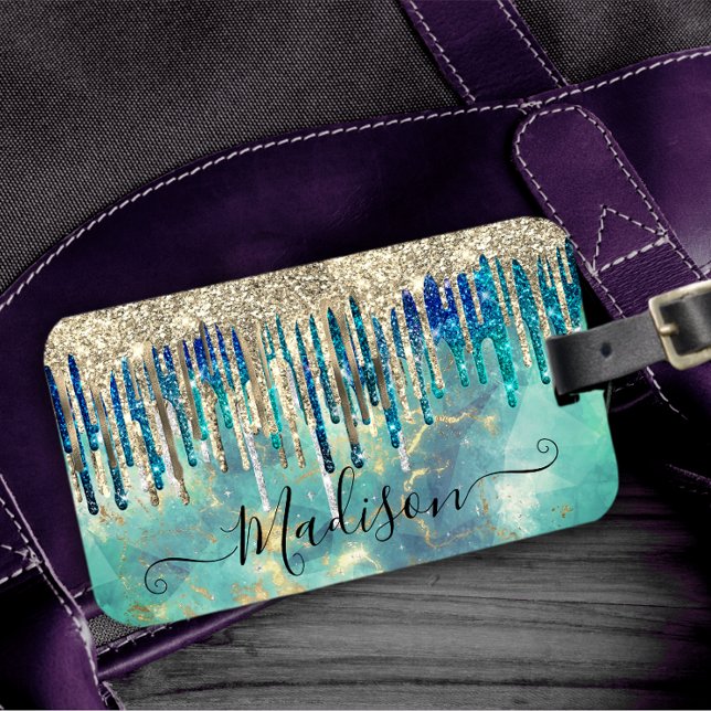 Étiquette À Bagage Chic bleu turquoise or parties scintillant gouttes (Créateur téléchargé)
