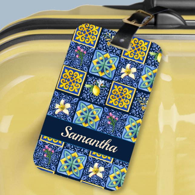 Étiquette À Bagage Chic Bleu turquoise Sicilien agrumes méditerranéen (Créateur téléchargé)