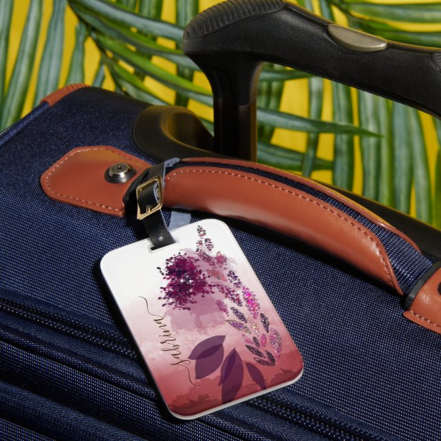 Étiquette À Bagage Chic Bourgogne Aquarelle Monogramme Floral (Insitu Rectoal 1)