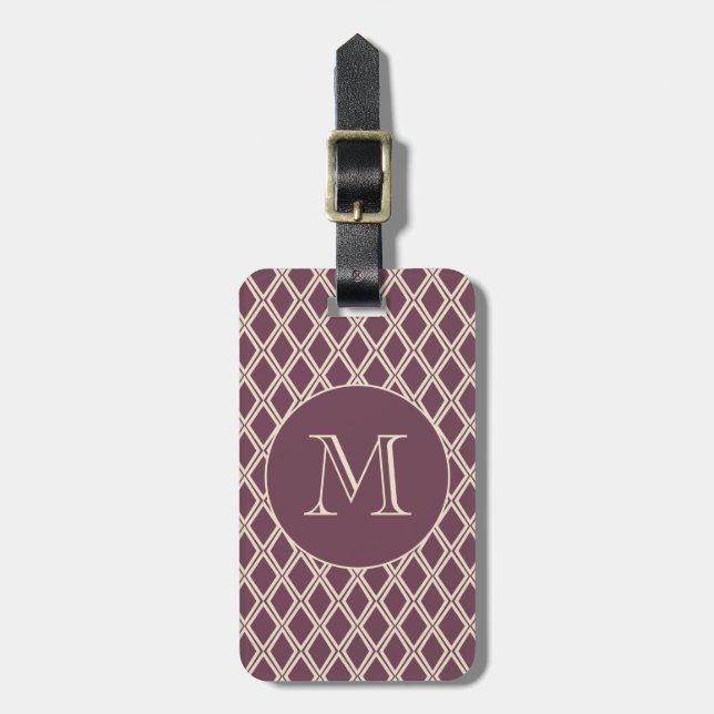 Étiquette À Bagage Chic Bourgogne diamant ivoire Motif Monogramme (Devant Vertical)