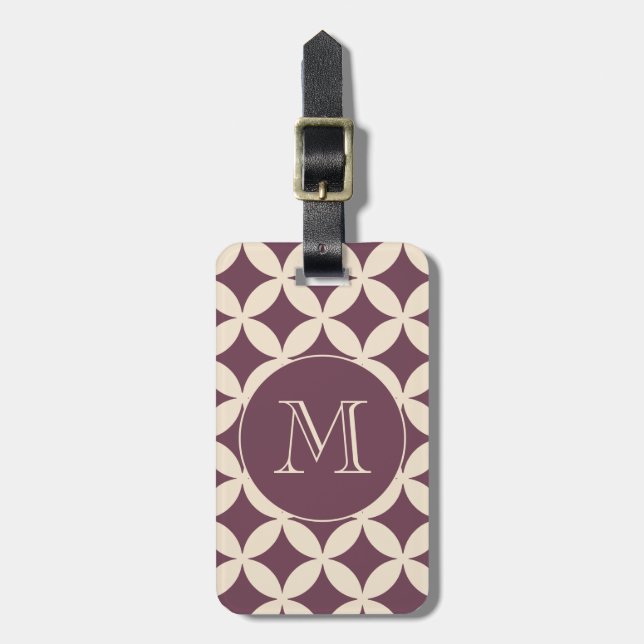 Étiquette À Bagage Chic Bourgogne ivoire Motif géométrique Monogramme (Devant Vertical)