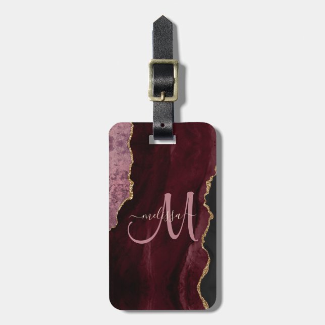 Étiquette À Bagage Chic Bourgogne Or Parties scintillant Agate Person (Devant Vertical)
