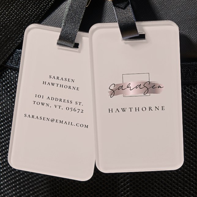 Étiquette À Bagage Chic Brush Stroke Faux Rose Gold Elegant Monogramm (Créateur téléchargé)