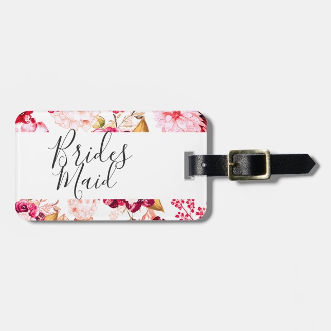 Étiquette À Bagage Chic Burgundy & Pink Floral Bordure Bridesmaid (Devant horizontal)