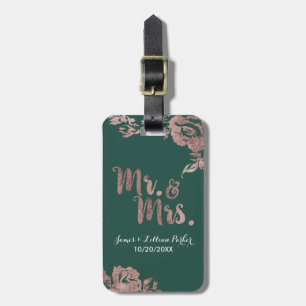 Étiquette À Bagage Chic Emerald Green Rose Gold Floral M. et Mme