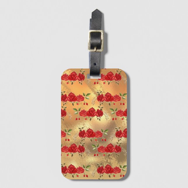 Étiquette À Bagage Chic Faux Gold Red Flowers Motif d'art (Devant Vertical)
