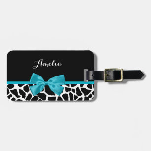 Étiquette À Bagage Chic Giraffe Imprimer Aqua Blue Ribbon Bow Nom
