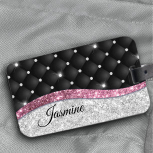 Étiquette À Bagage Chic girly faux parties scintillant argent noir ro